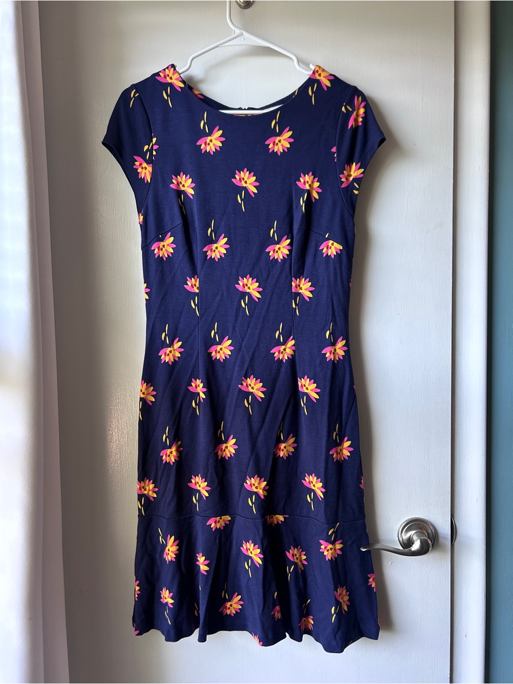 Boden Navy Midi Dress with Pink and Yellow Floral Pattern
